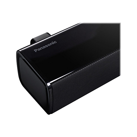 Nahaufnahme einer schwarzen Panasonic Soundbar mit glänzender Oberfläche und Lautsprechergitter.