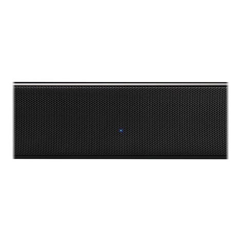 Schwarze Soundbar-Front mit perforiertem Metallgitter und einer zentralen, blauen Status-LED.