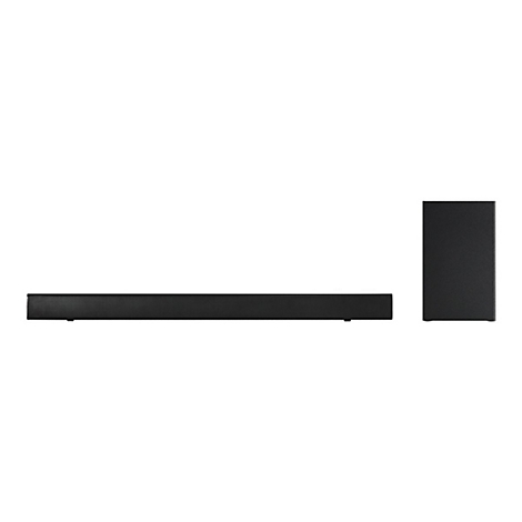 Schwarze Soundbar mit separatem, rechteckigem Subwoofer vor weißem Hintergrund.