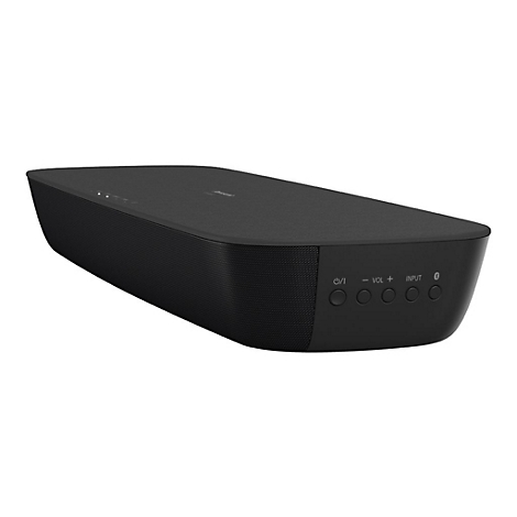 Schwarze Soundbar, leicht von oben gesehen. Knöpfe mit Symbolen und Text: Ein/Aus, Lautstärke, Eingang, Bluetooth.