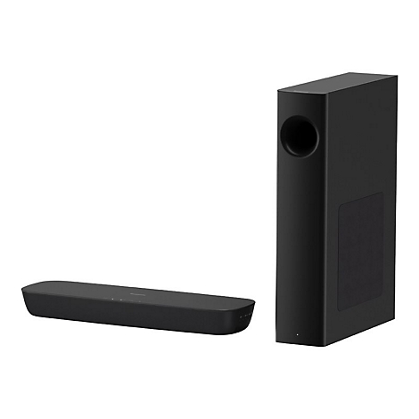 Schwarze Soundbar und Subwoofer vor weißem Hintergrund. Die Soundbar ist flach und länglich, der Subwoofer hoch und rechteckig.