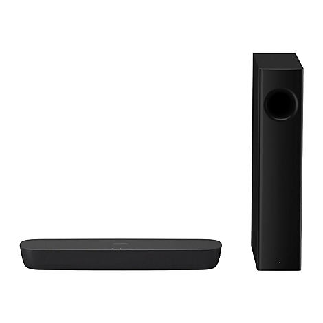 Ein schwarzes Soundbarsystem mit einem länglichen Soundbar und einem Turm-Subwoofer. Beide sind vor weißem Hintergrund platziert.