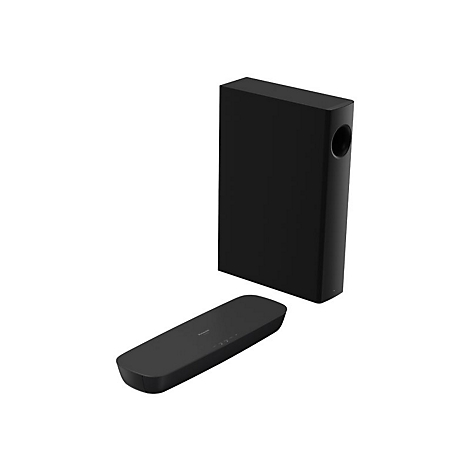 Schwarzes Soundbar-System, bestehend aus einem langen, flachen Element und einem hohen, rechteckigen Subwoofer.