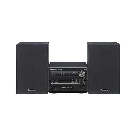 Schwarze Stereoanlage mit zwei Lautsprechern und mittiger Haupteinheit. Bedienfeld mit Display und Drehregler.