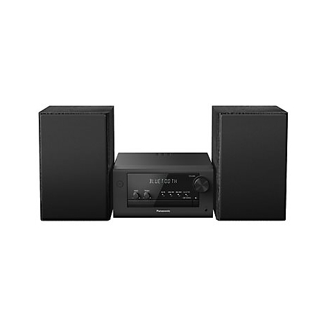 Schwarze Stereoanlage mit zwei Lautsprechern. Auf dem Display steht 'Bluetooth'.