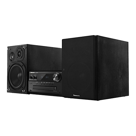 Schwarze Stereoanlage mit zwei Lautsprechern und einem Radio, das die Marke Panasonic trägt.