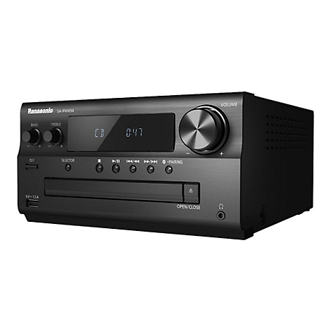 Schwarze Stereoanlage von Panasonic, mit Tasten und Display, die ein CD-Laufwerk und einen Lautstärkeregler enthält.