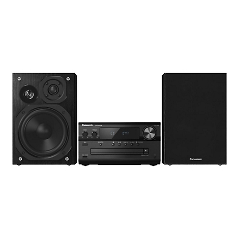 Schwarze Stereoanlage mit zwei Lautsprechern und zentralem Bedienelement. Details sind sichtbar: Knöpfe, Display, und das Panasonic-Logo.