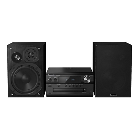 Schwarzes Stereo-Set mit Lautsprechern, Player und Schriftzug Panasonic.