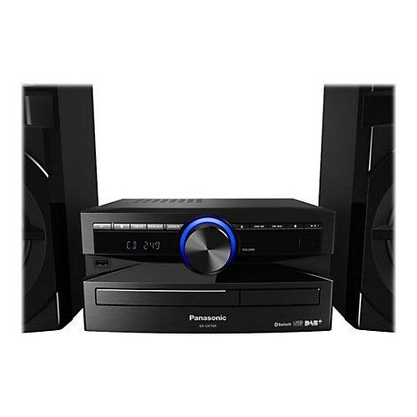 Schwarze Stereoanlage von Panasonic mit Lautsprechern. Auf dem Display ist „CD 249“ zu sehen. Blau beleuchteter Lautstärkeregler.