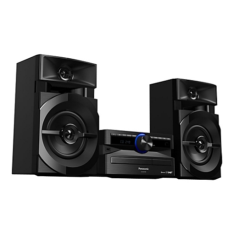 Schwarze Stereoanlage mit zwei Lautsprechern und einem CD-Player. Blaue Akzente. Panasonic-Logo.