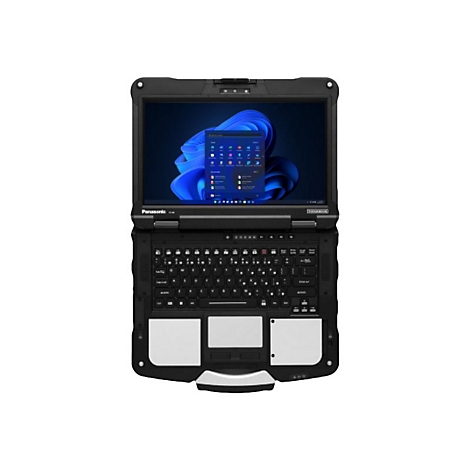 Schwarzes Panasonic-Notebook, geöffnet. Bildschirm zeigt Windows 11 Oberfläche. Tastatur und Touchpad sind ebenfalls zu sehen.