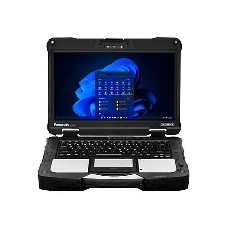 Schwarzes Panasonic Toughbook-Notebook mit Windows-Startbildschirm, geöffnet, Frontansicht.