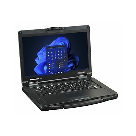 Schwarzes Panasonic Toughbook, halb geöffnet, mit Windows-Desktop-Ansicht auf dem Bildschirm.