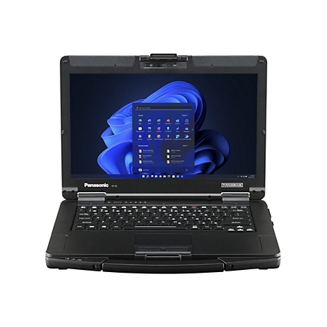 Ein schwarzes Panasonic Toughbook-Notebook ist geöffnet; es zeigt das Windows-Startmenü auf dem Bildschirm. "Panasonic FZ-55" ist auf der Front und "TOUGHBOOK" auf der Oberseite zu sehen.