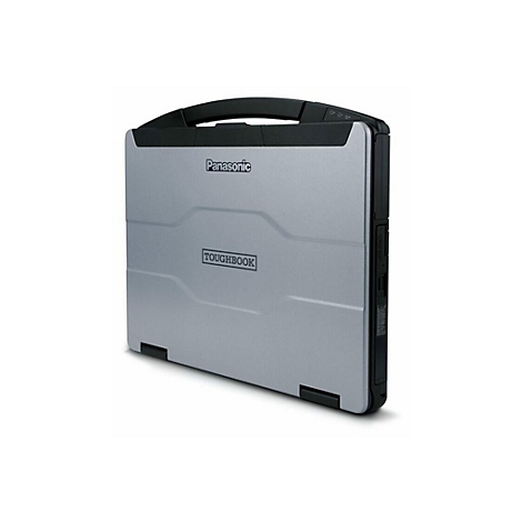 Silberner Panasonic Toughbook Laptop, schwarz umrandet. Mit Griff und "Toughbook" Schriftzug.