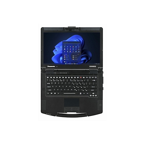 Schwarzes Panasonic Toughbook-Laptop, das geöffnet ist, mit Windows 11 auf dem Bildschirm. Die Tastatur und das Touchpad sind deutlich zu sehen.
