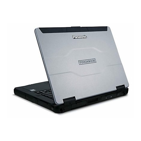 Grauer Panasonic Toughbook Laptop, leicht geöffnet. Auf dem Deckel Schriftzüge: Panasonic und Toughbook.