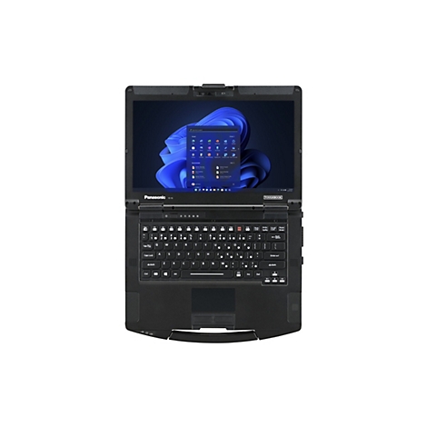 Ein schwarzes Panasonic Toughbook-Notebook, offen, mit Windows-Desktop-Oberfläche und Tastatur. Das Notebook ist auf einem weißen Hintergrund abgebildet.