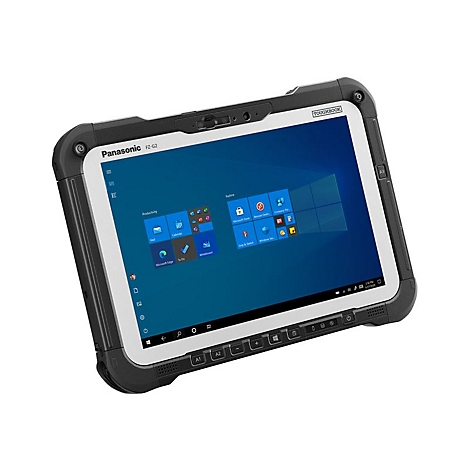 Ein robustes Tablet mit schwarzem Gehäuse und weißem Bildschirm. Auf dem Bildschirm sind Windows-Symbole zu sehen. Die Marke Panasonic ist sichtbar.