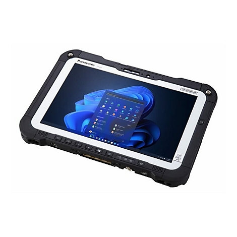 Ein robustes Panasonic Toughbook FZ-G2 Tablet mit Windows-Startbildschirm. Schwarzer Rahmen, weisser Bildschirmrand, "Intel Core i5 vPro"-Aufkleber.