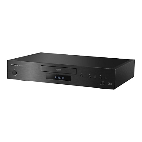 Lecteur Blu-ray UHD Panasonic noir. En haut à gauche : bouton d'alimentation, milieu : affichage avec 0:00.00, en bas à droite : port USB et logo THX.