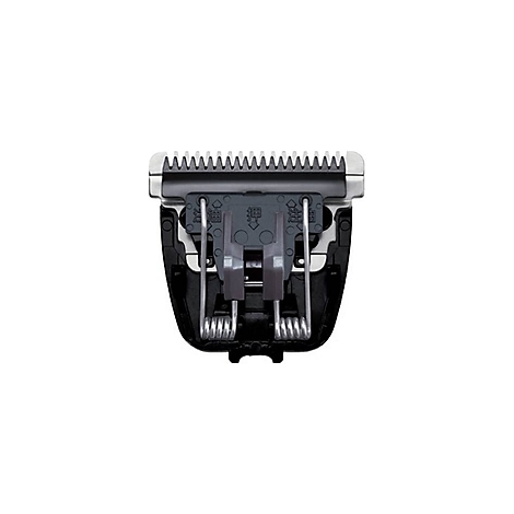 Nahaufnahme eines silber-schwarzen Bartschneiders. Detail der Klingen und der Halterung mit Federn.