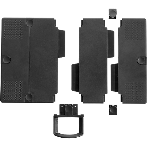 Black, disassembled component with handle and round buttons, on a white background.