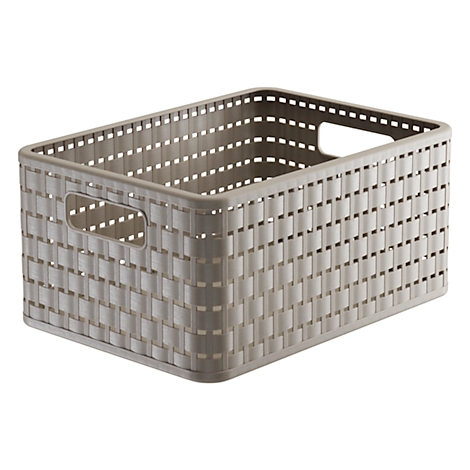 Panier de rangement en plastique gris avec ouvertures pour poignées. Aspect tressé.