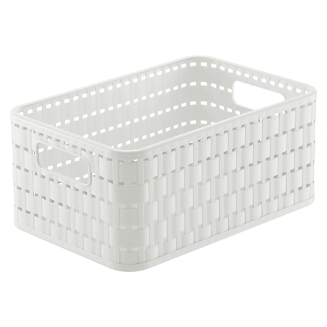 Panier de rangement rectangulaire blanc avec texture tissée et ouvertures pour poignées sur les côtés courts.