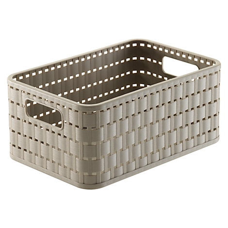Panier rectangulaire tressé beige clair avec poignées.