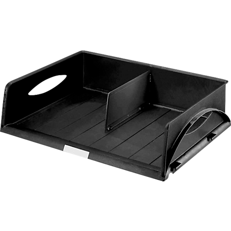 Plateau de bureau noir divisé avec des ouvertures de poignée ovales. Une étiquette blanche d'un côté.