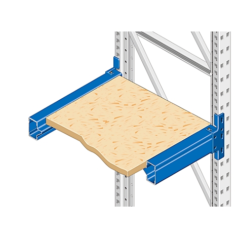 Gros plan d'une construction d'étagère avec des supports métalliques bleus et un panneau en bois. L'étagère est fixée à un système de rayonnage.