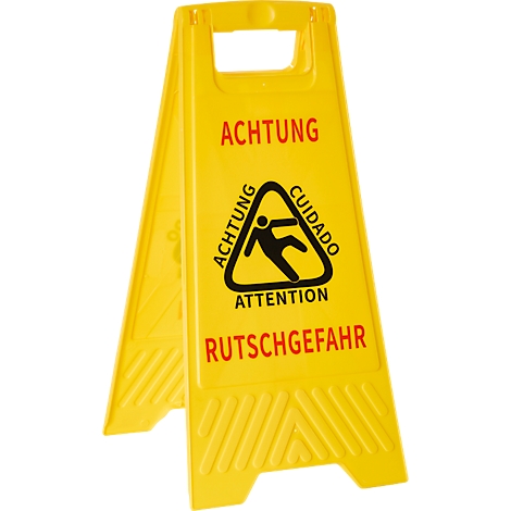 Panneau d'avertissement jaune avec "Attention, danger de glissade". Triangle avec personne tombant.