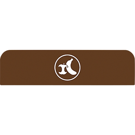 Rectangle marron aux coins arrondis. Au milieu, un cercle blanc avec une pomme et une banane.