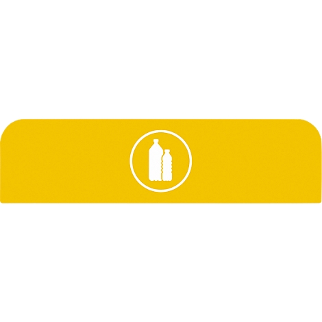 Rectangle jaune aux coins arrondis avec deux bouteilles blanches dans un cercle blanc.
