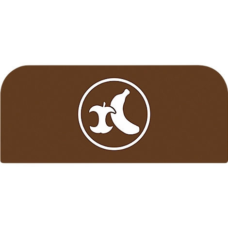 Rectangle marron aux coins arrondis, avec un cercle blanc au milieu contenant un symbole de pomme et de banane.