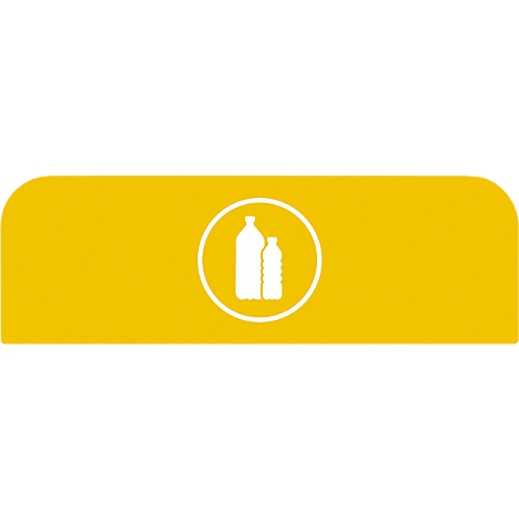 Rectangle jaune aux coins arrondis. Dans un cercle blanc, deux icônes de bouteilles blanches.