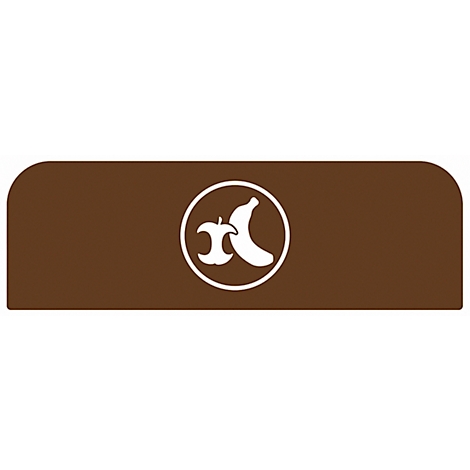 Panneau rectangulaire marron aux coins arrondis. Symbole rond blanc avec pomme et banane.