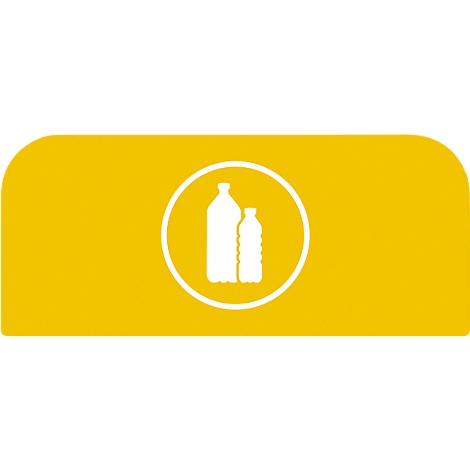 Fond jaune avec un cercle blanc représentant deux bouteilles.