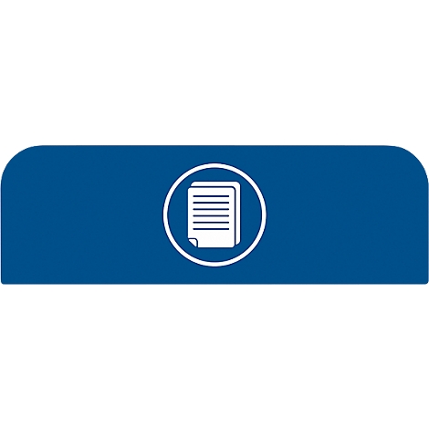 Bouton bleu aux coins arrondis. Un symbole blanc avec des documents dans un cercle blanc.