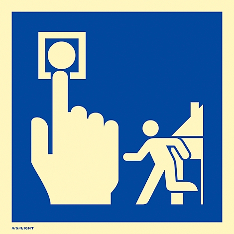 Panneau bleu : une main appuie sur un bouton, une personne s'enfuit.