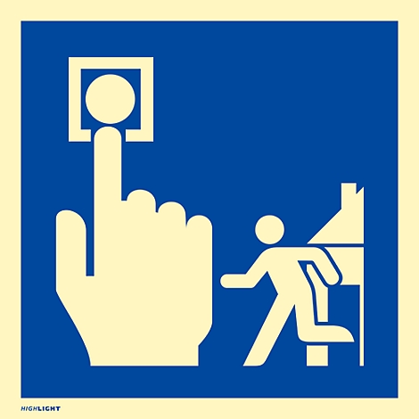 Panneau bleu avec un doigt blanc appuyant sur un bouton, et une personne courant à travers une porte.