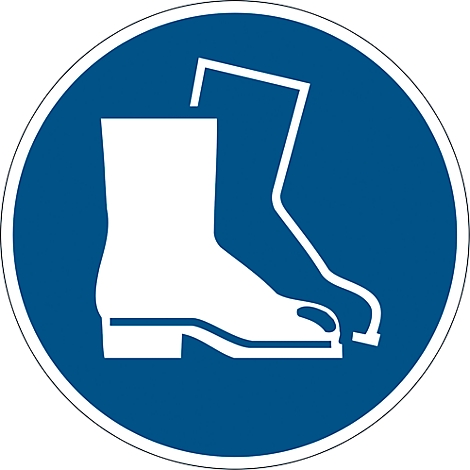 Panneau de signalisation Durable, rond, pour l'intérieur, motif 'utiliser protection des pieds', EN ISO 7010, autocollant, bleu-blanc, 1 pièce