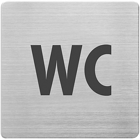Panneau carré aux coins arrondis avec les lettres WC en noir sur fond gris argenté.