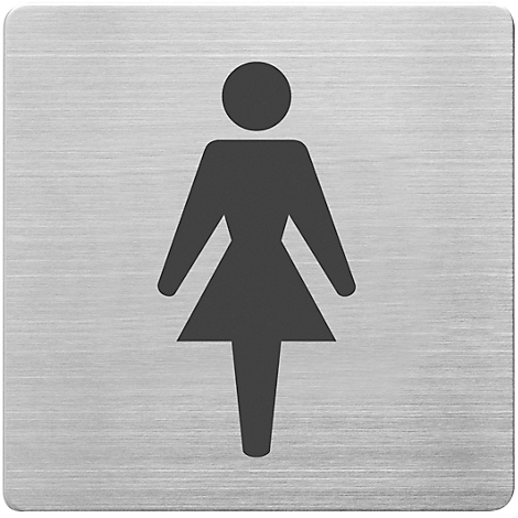 Pictogramme sombre d'une femme sur une plaque carrée en métal brossé.
