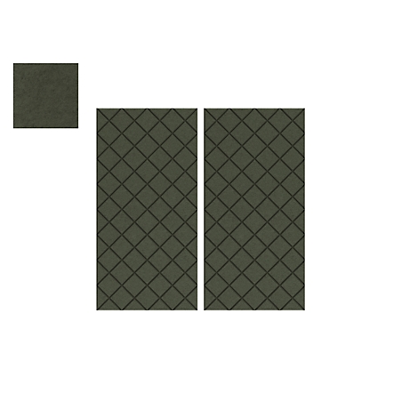 Pièces de tissu rembourré vert foncé avec un motif en losange, de différentes tailles. Le fond est blanc.