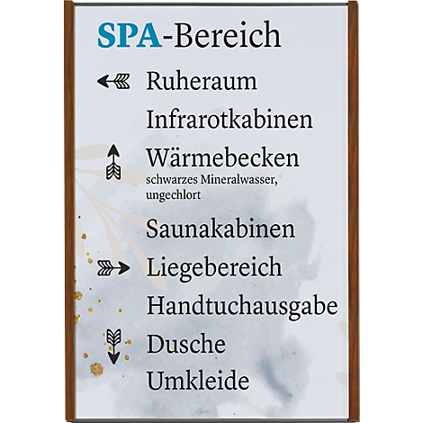 Panneau indiquant la zone SPA. Des flèches pointent vers la salle de repos, les cabines infrarouges, les piscines thermales, les cabines de sauna, l'espace de détente, le distributeur de serviettes, la douche et le vestiaire.