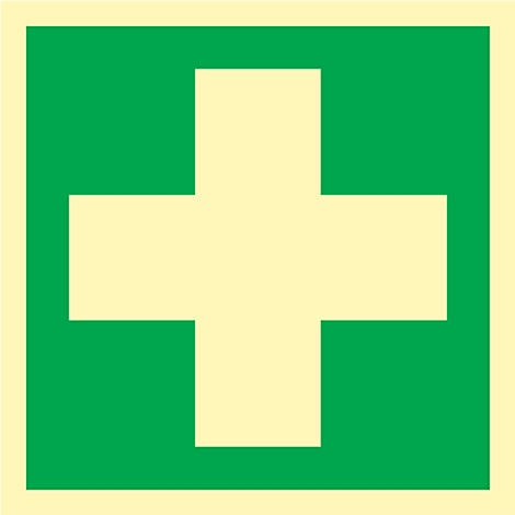 Carré vert avec croix blanche, symbole de premiers secours.