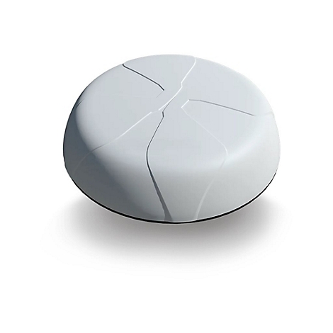 Hellgraues, rundes Objekt mit strukturierter Oberfläche und Schattenwurf auf weißem Grund.